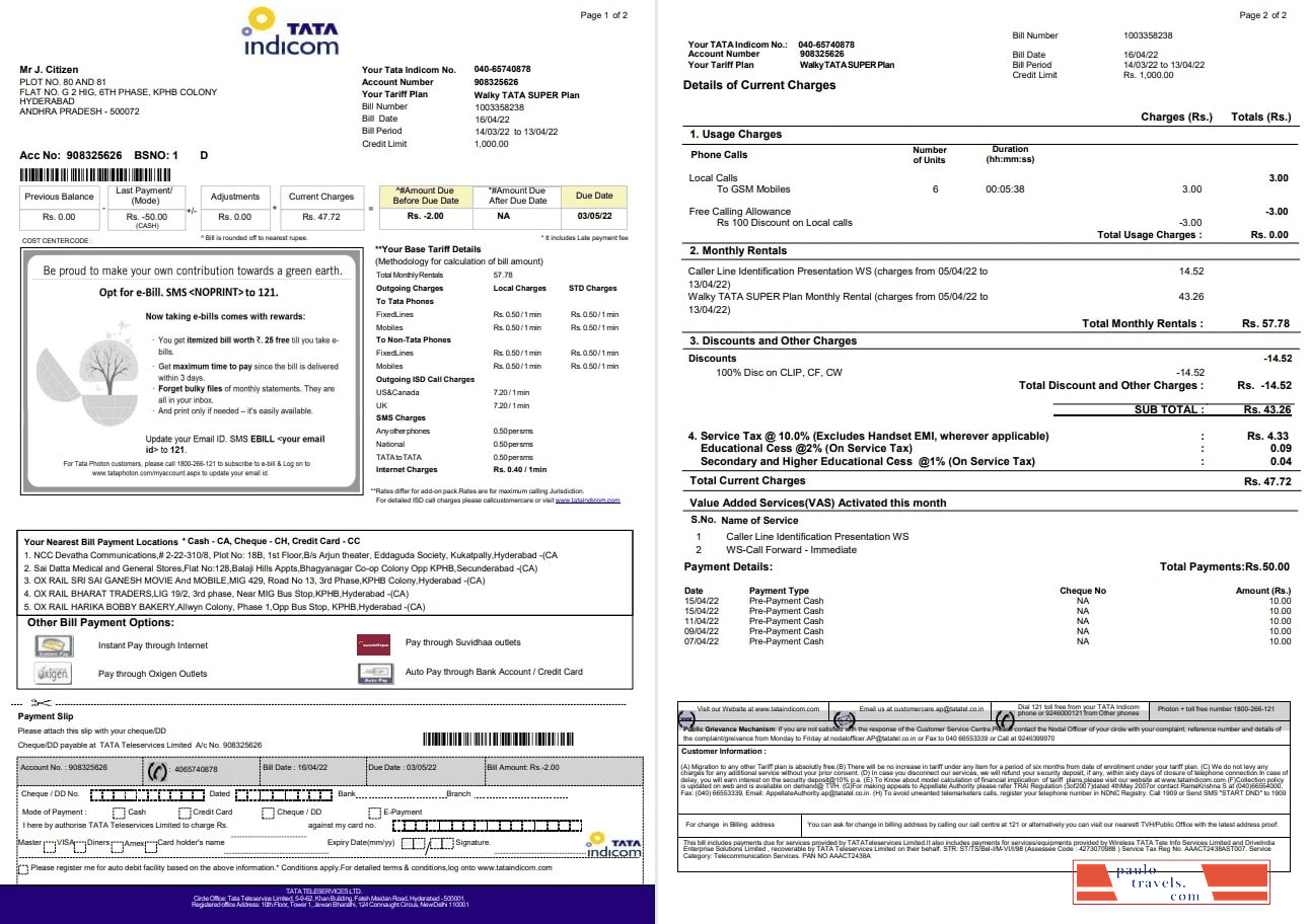 India Tata Indicom mobile utility bill template in Word and PDF format, 2 pages